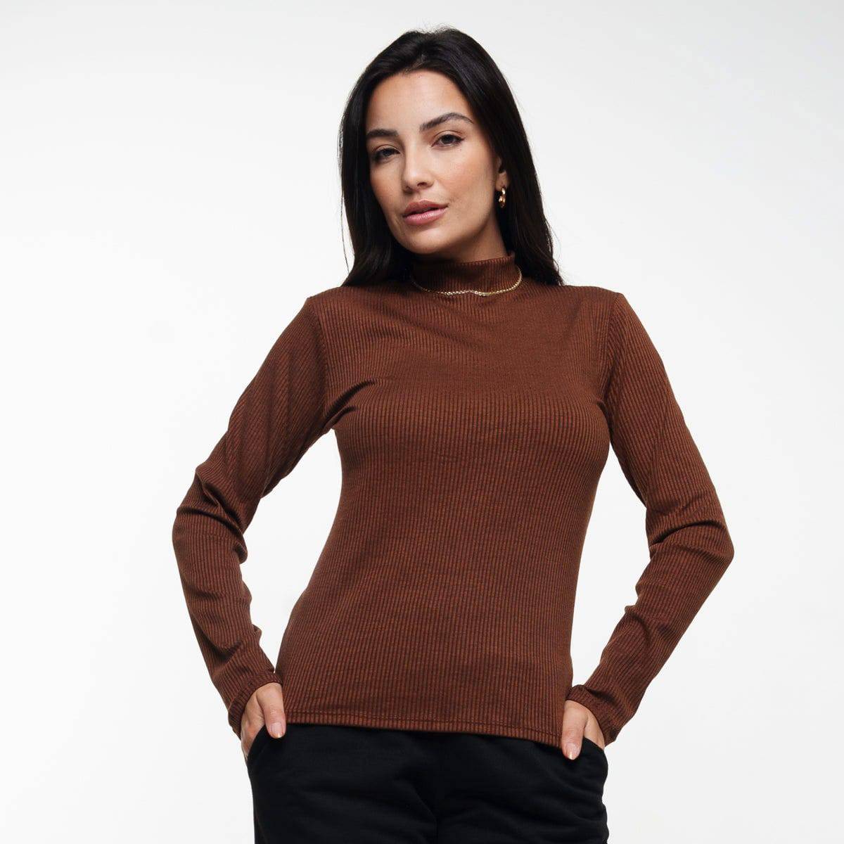 Blusa Manga Longa Gola Alta Canelada Marrom - Vicbela