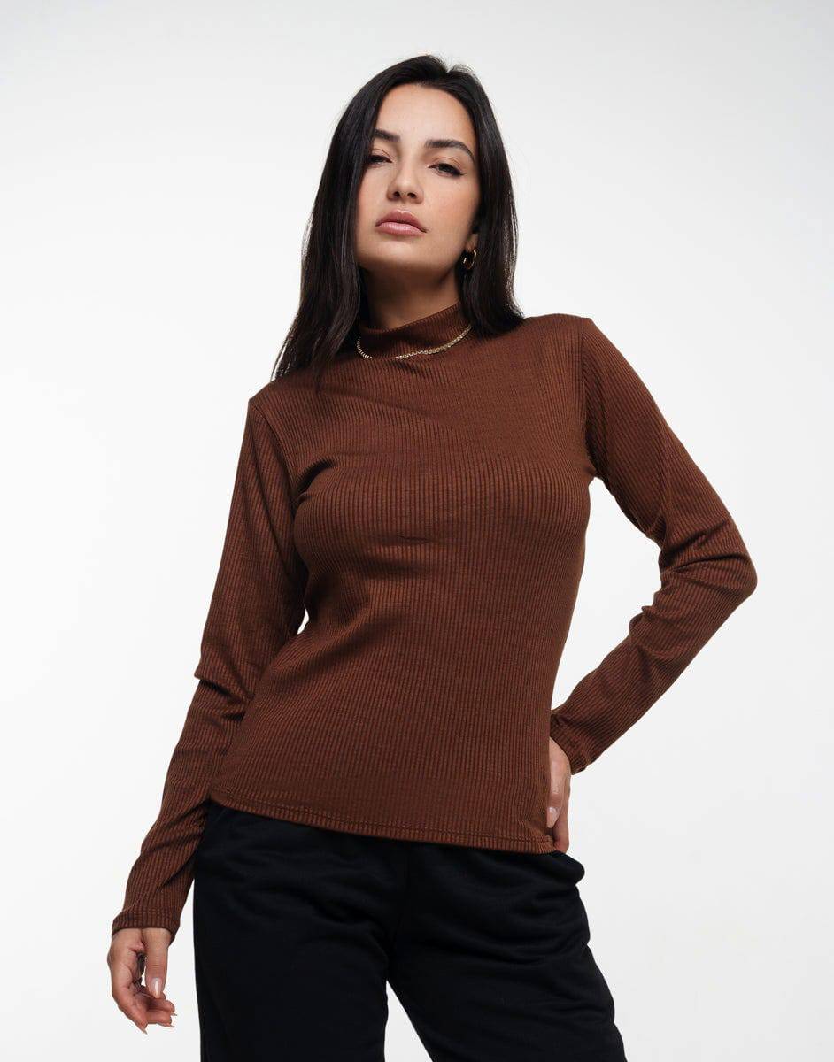 Blusa Manga Longa Gola Alta Canelada Marrom - Vicbela