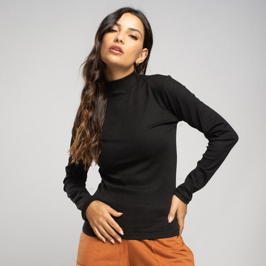 Blusa Manga Longa Gola Alta Canelada Preto - Vicbela