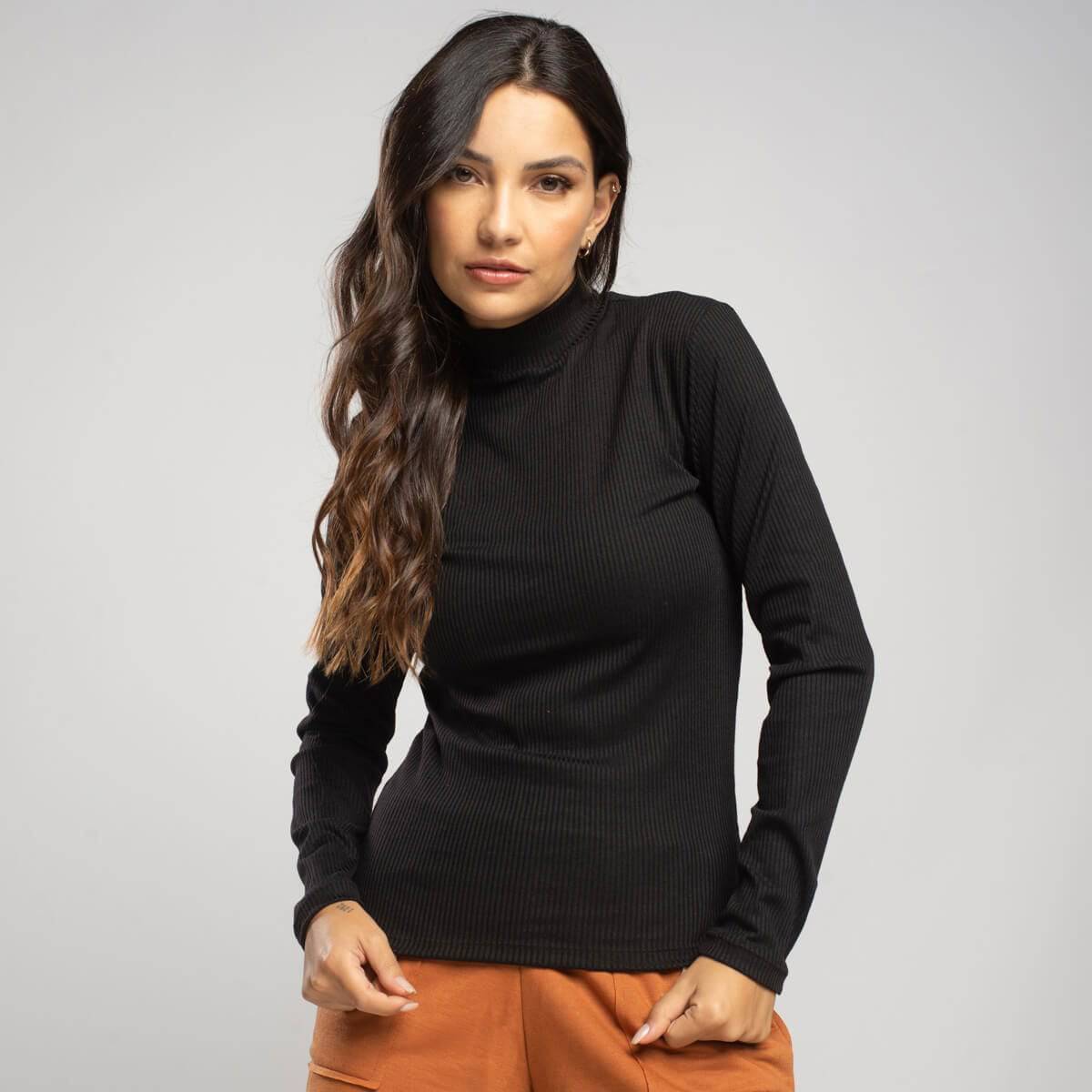 Blusa Manga Longa Gola Alta Canelada Preto - Vicbela