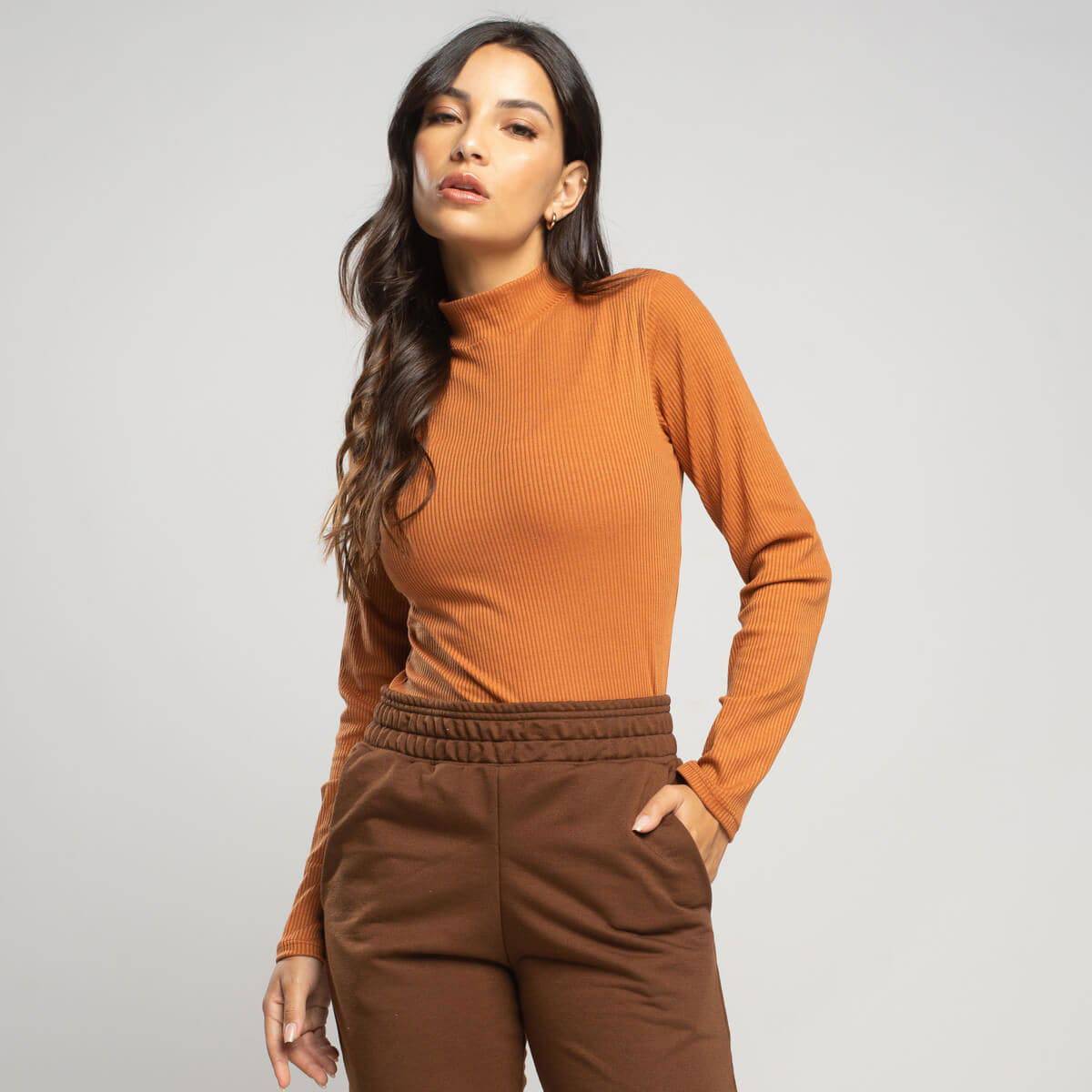 Blusa Manga Longa Gola Alta Canelada Terracota - Vicbela