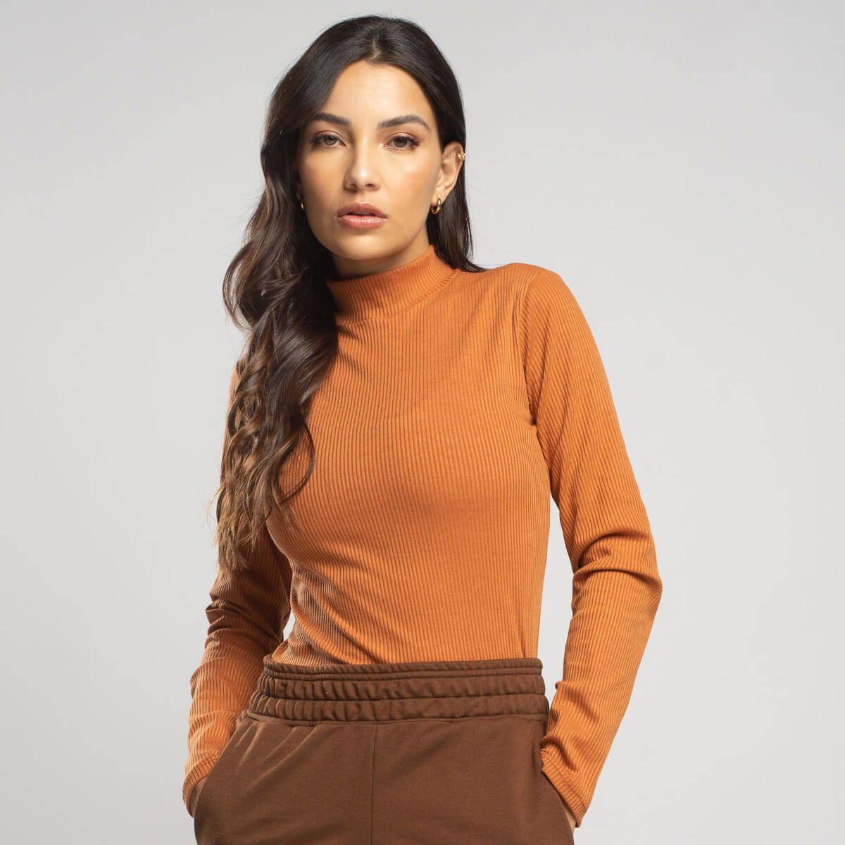 Blusa Manga Longa Gola Alta Canelada Terracota - Vicbela