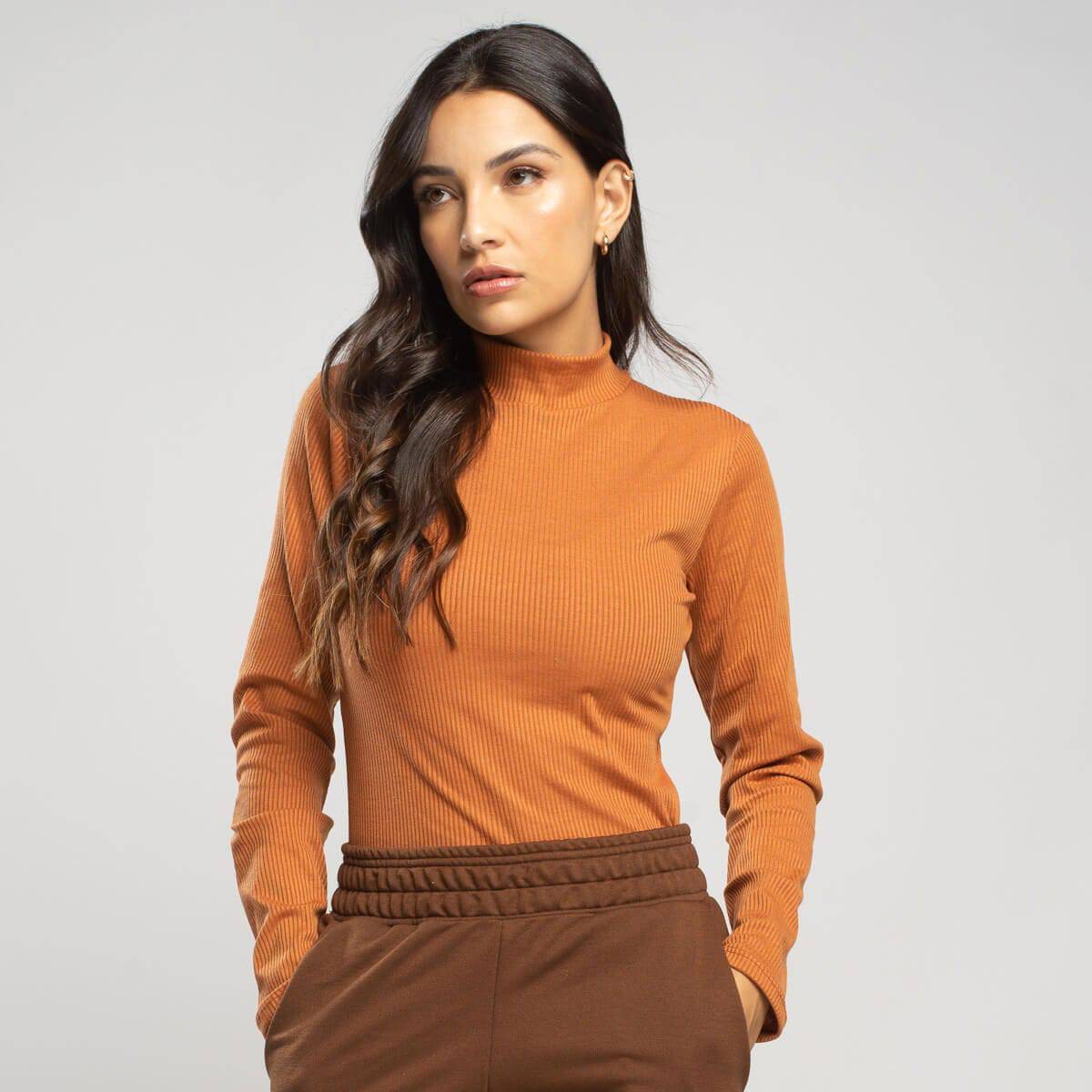 Blusa Manga Longa Gola Alta Canelada Terracota - Vicbela