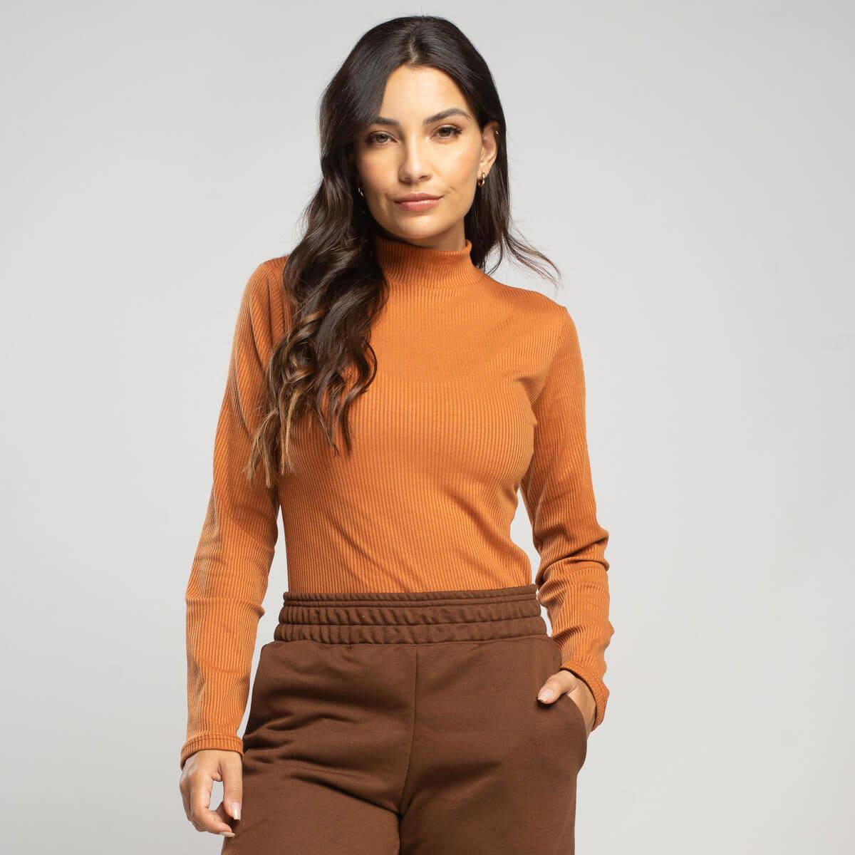 Blusa Manga Longa Gola Alta Canelada Terracota - Vicbela