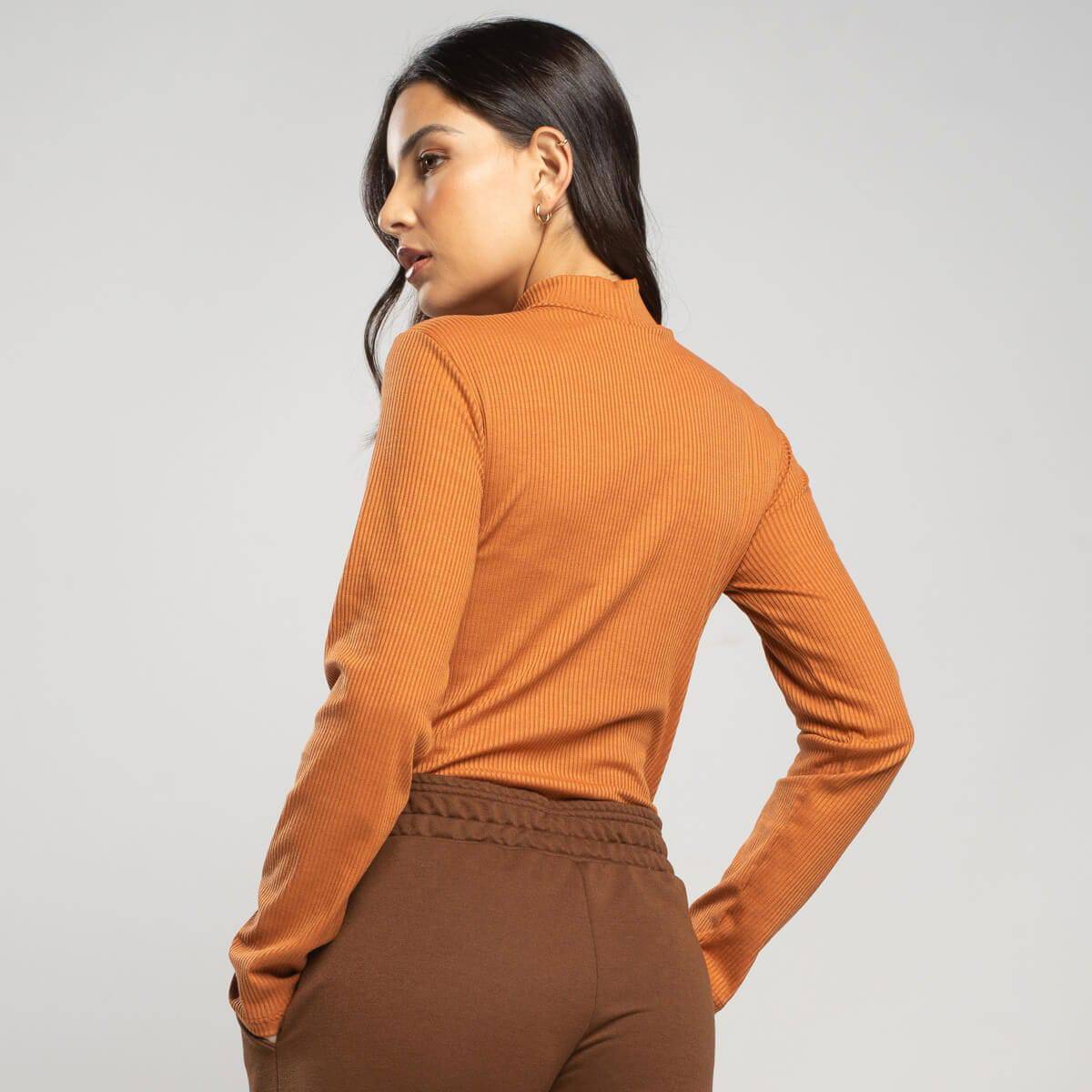 Blusa Manga Longa Gola Alta Canelada Terracota - Vicbela
