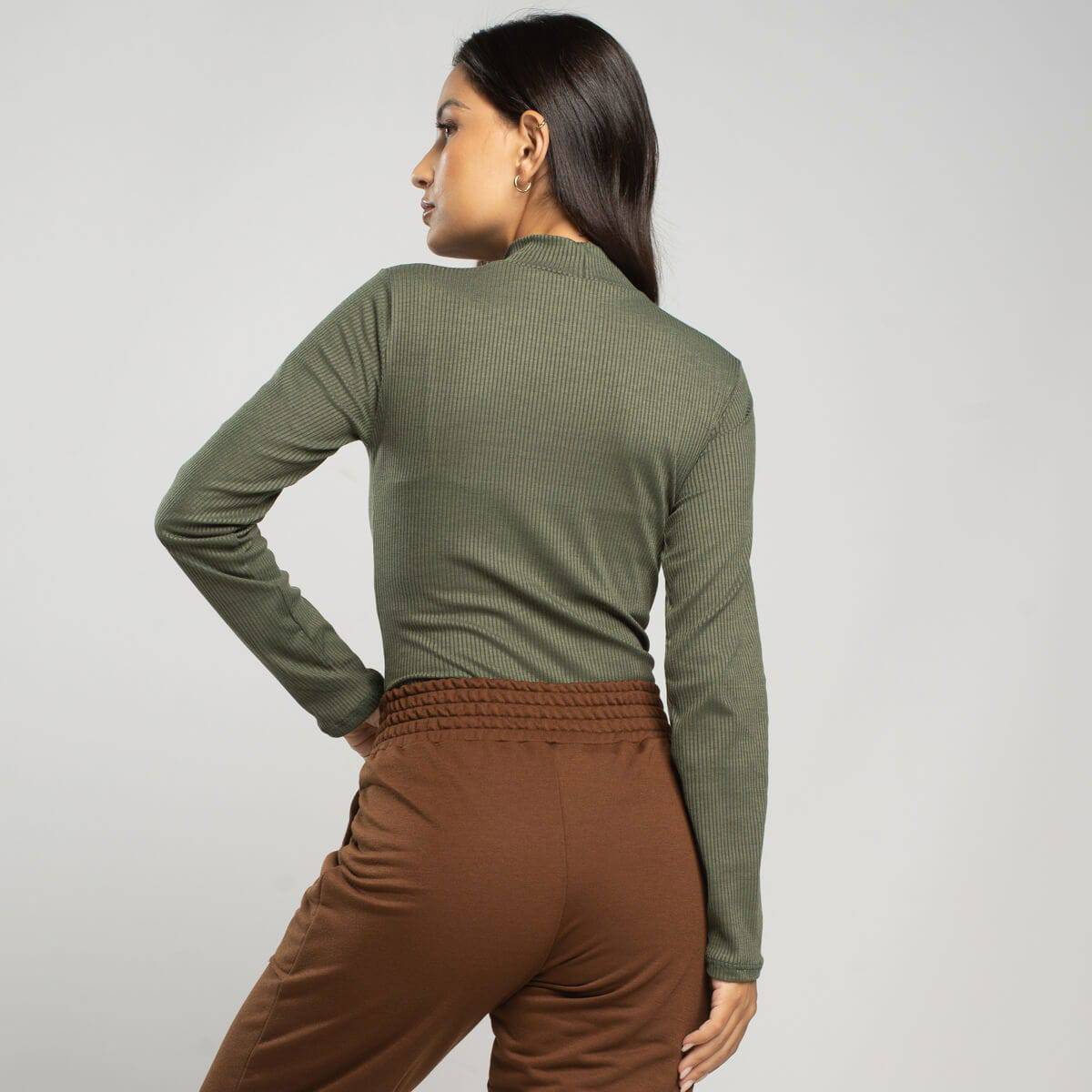 Blusa Manga Longa Gola Alta Canelada Verde - Vicbela