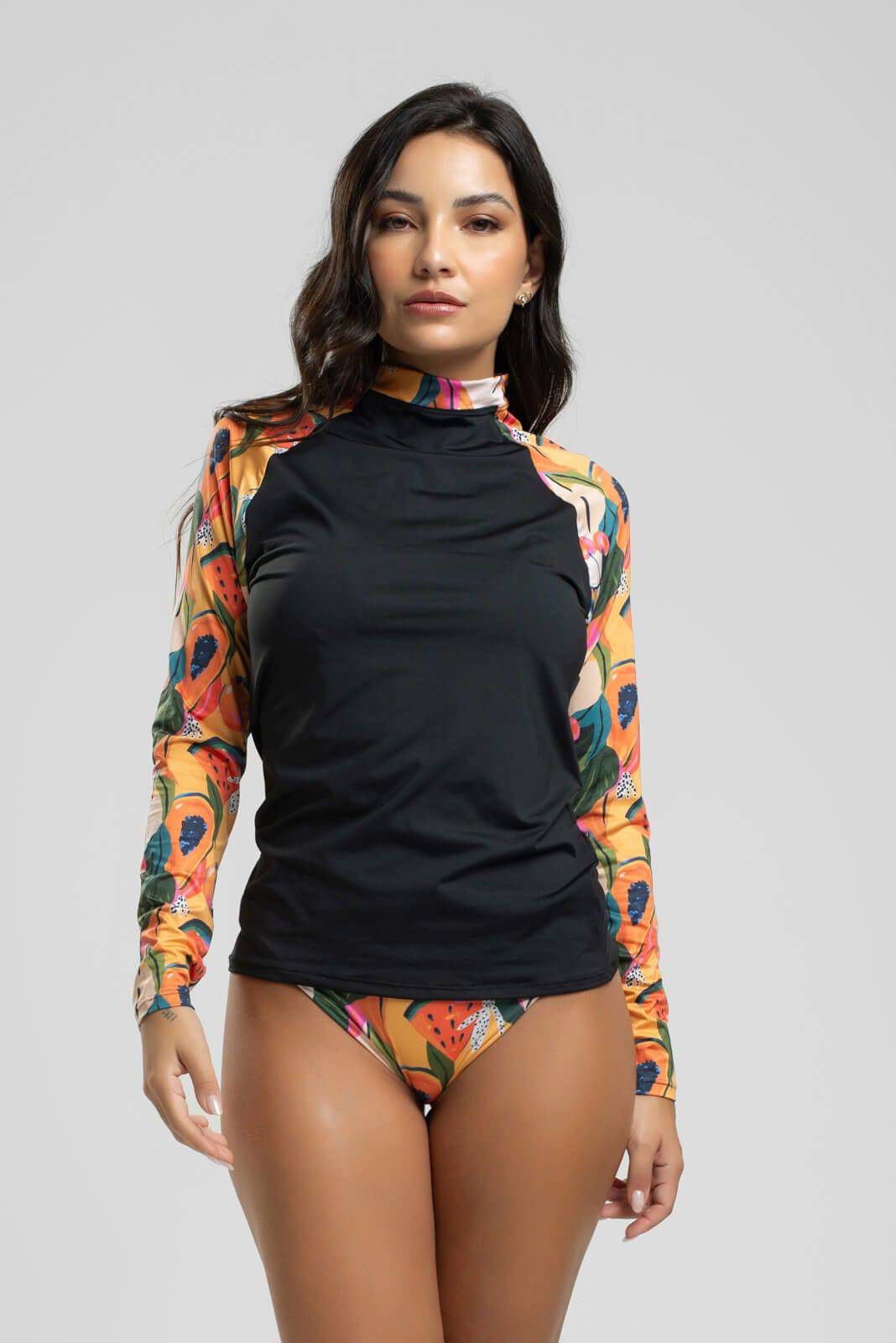 Blusa Proteção UV Feminina Estampada Preto Mamão - Vicbela