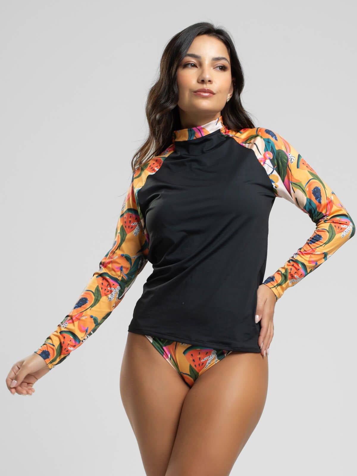 Blusa Proteção UV Feminina Estampada Preto Mamão - Vicbela