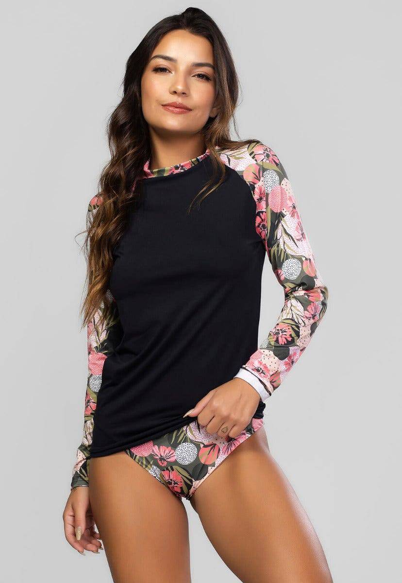 Blusa Proteção UV Feminina Estampada Preto com Rosa - Vicbela