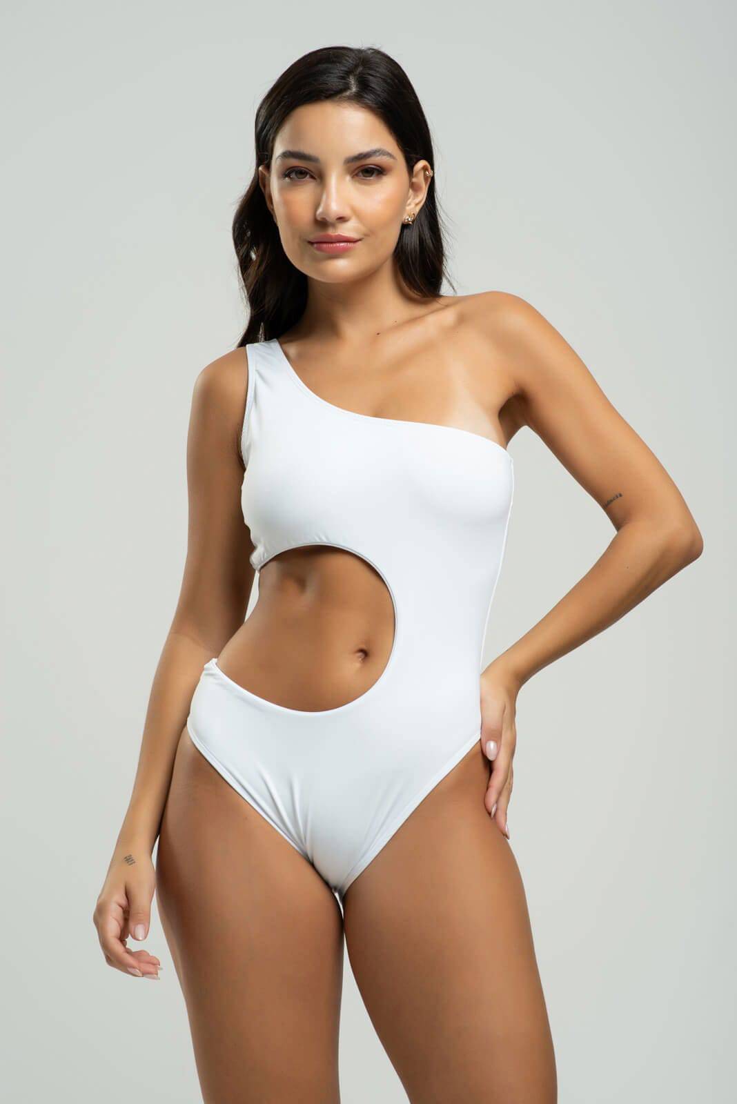 Body Maiô Um Ombro Só Decote Barriga Branco - Vicbela