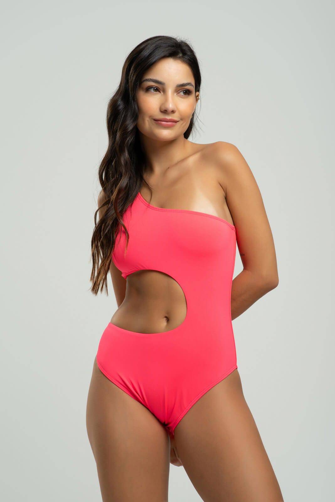 Body Maiô Um Ombro Só Decote Barriga Rosa - Vicbela