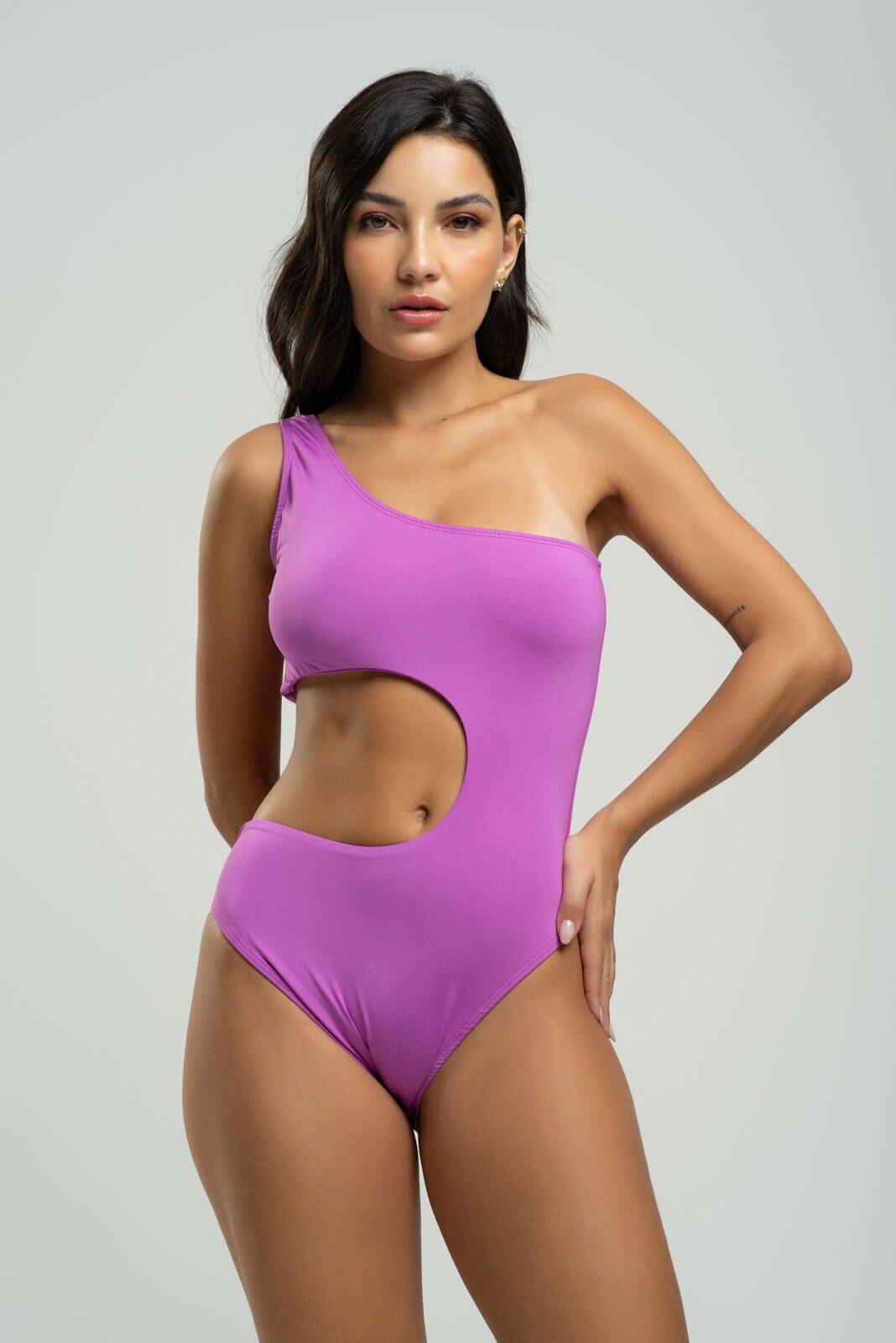 Body Maiô Um Ombro Só Decote Barriga Roxo - Vicbela