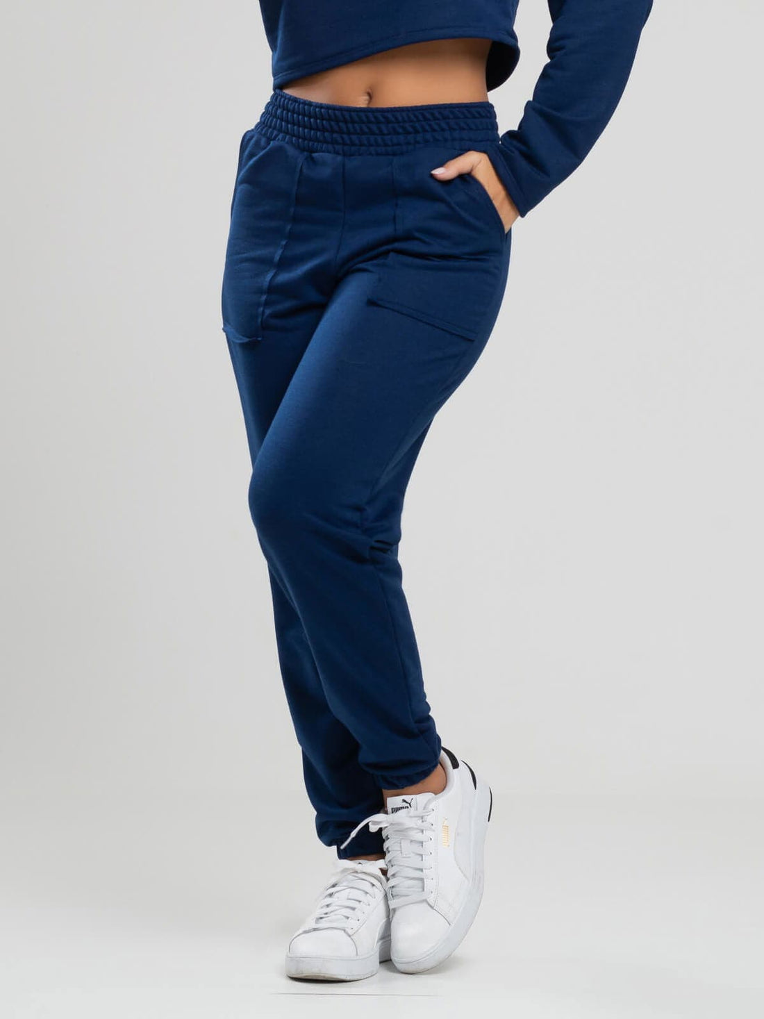 Calça Jogger Moletinho Cintura Alta Azul Marinho - Vicbela