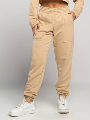 Calça Jogger Moletinho Cintura Alta Bege - Vicbela