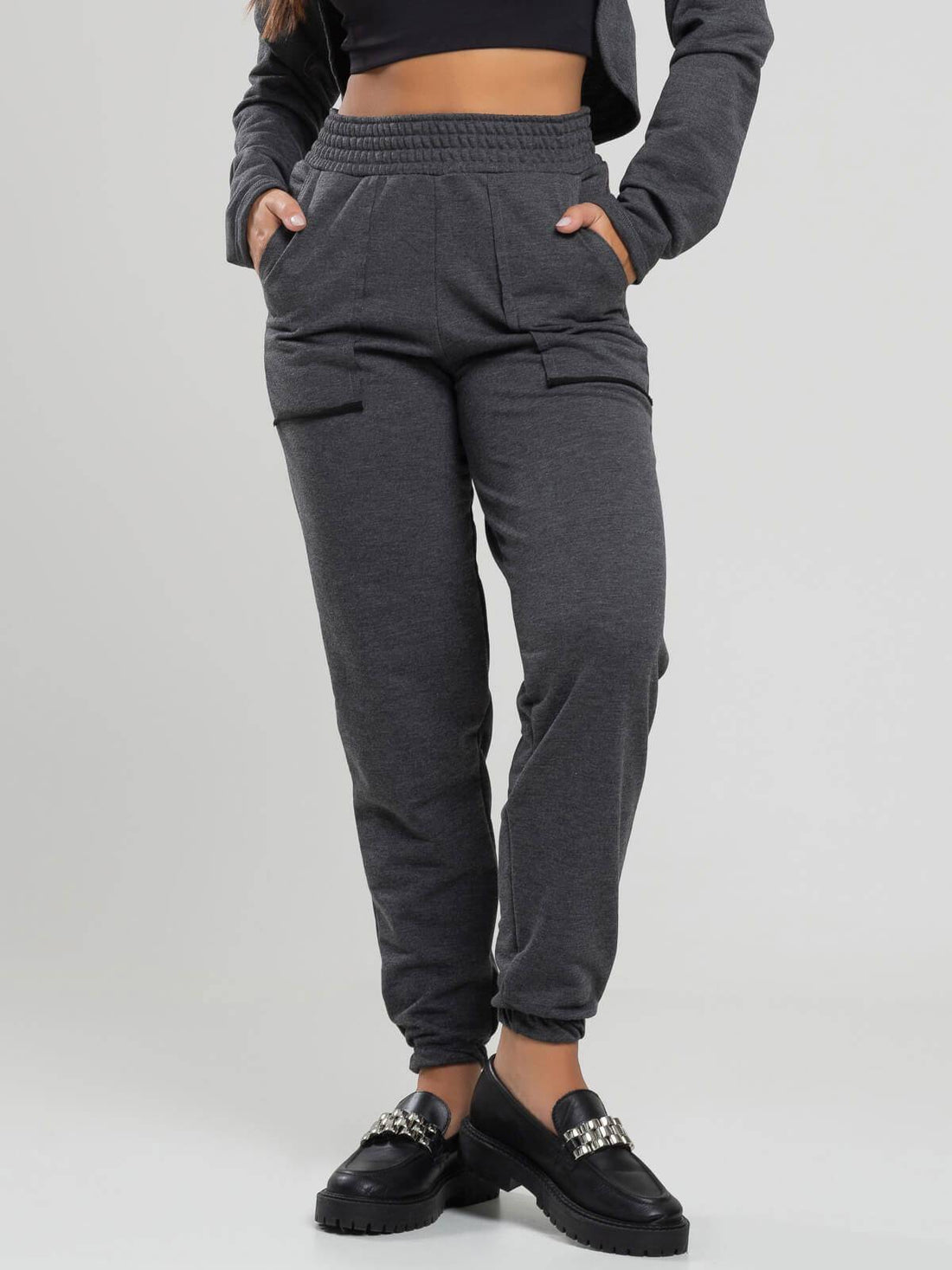 Calça Jogger Moletinho Cintura Alta Grafite - Vicbela