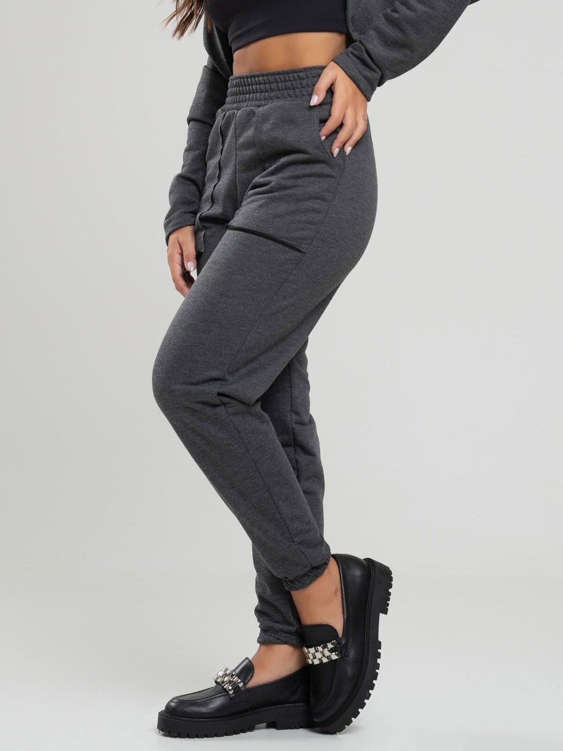 Calça Jogger Moletinho Cintura Alta Grafite - Vicbela