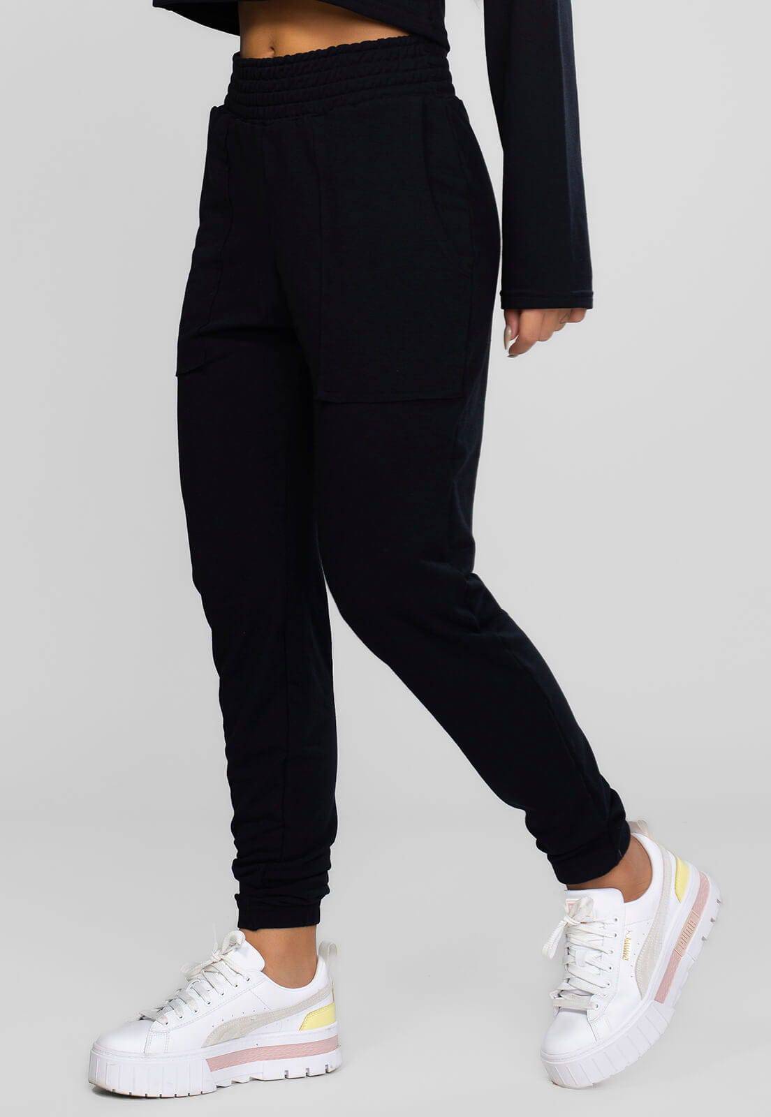 Calça Jogger Moletinho Cintura Alta Preta - Vicbela