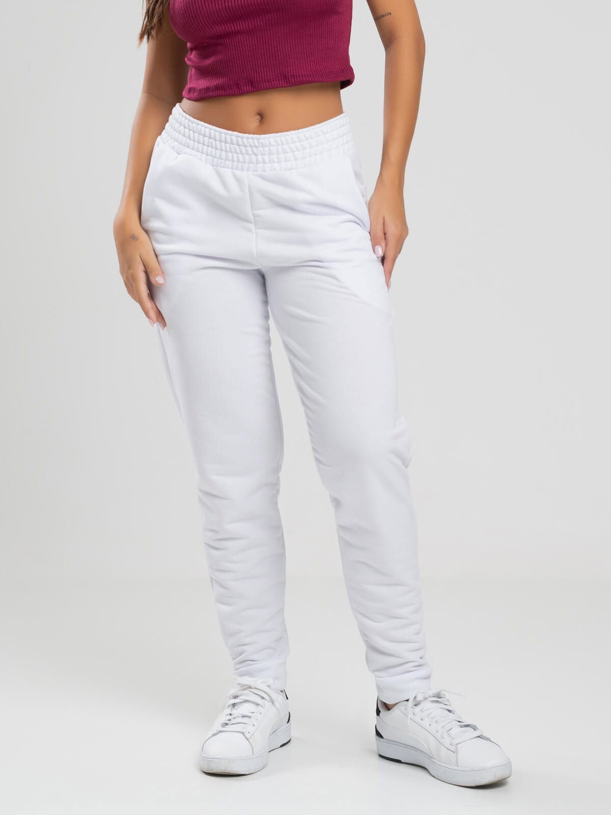 Calça Jogger Moletinho Cintura Média Branco - Vicbela