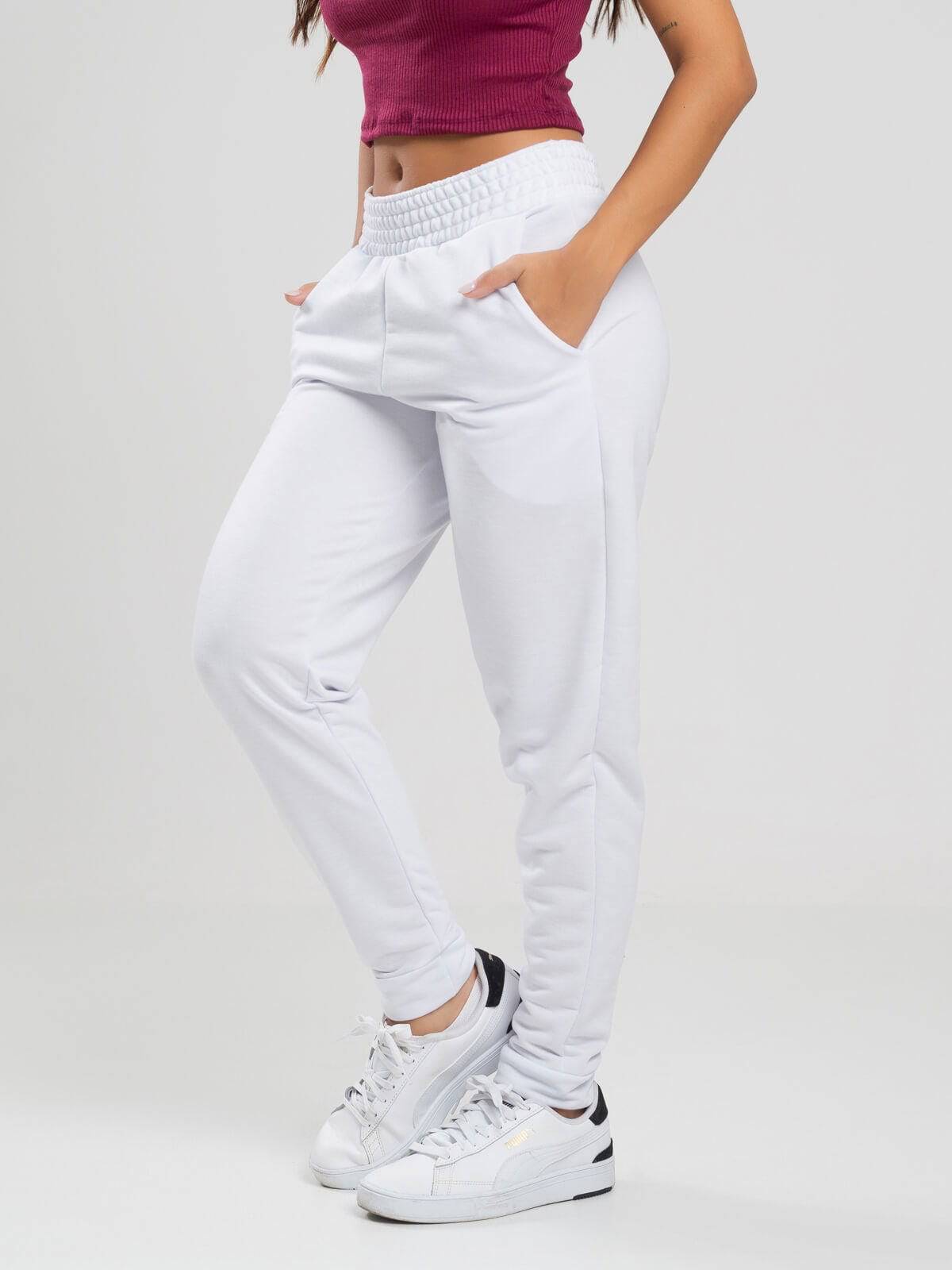 Calça Jogger Moletinho Cintura Média Branco - Vicbela