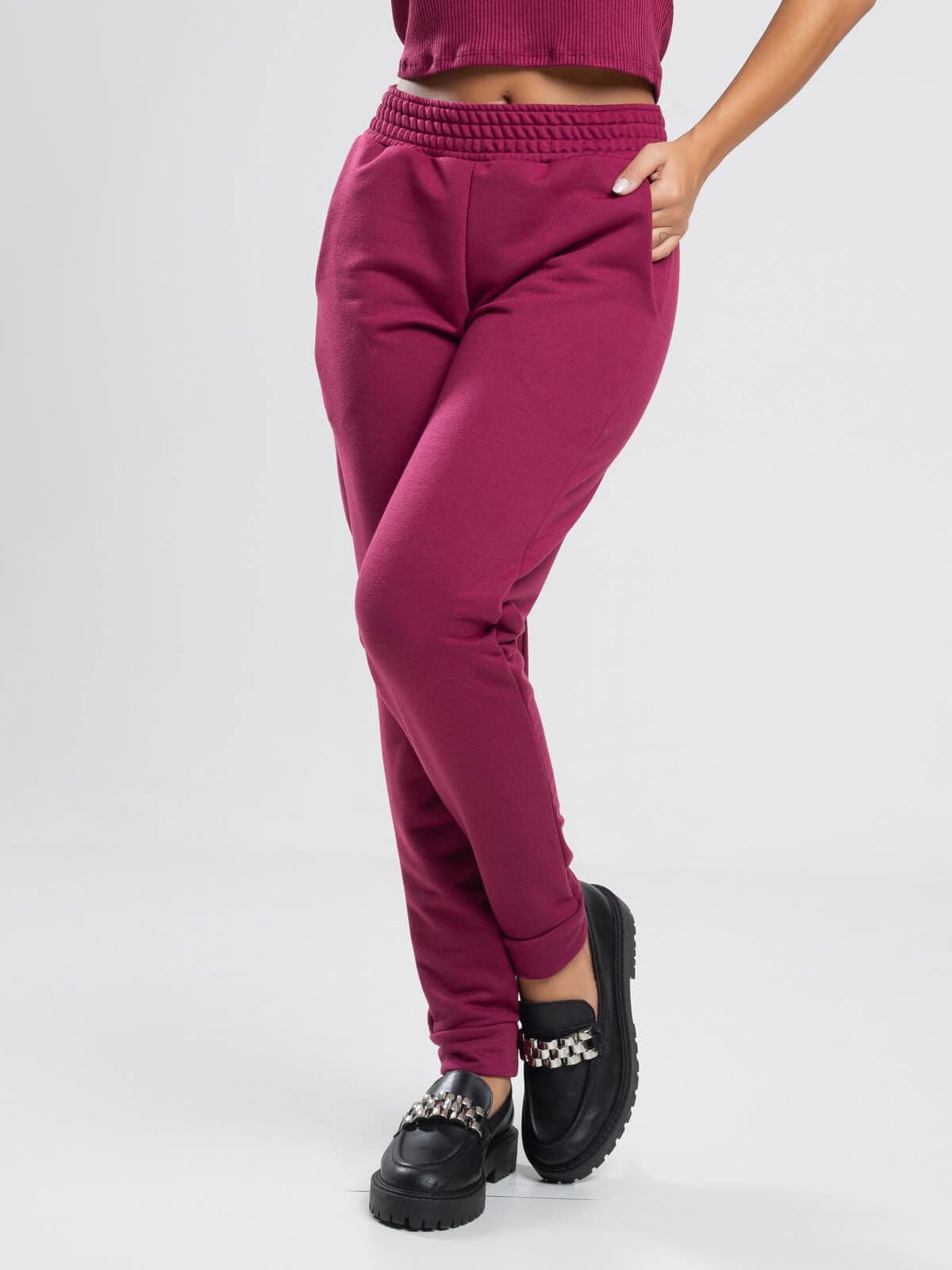 Calça Jogger Moletinho Cintura Média Vinho - Vicbela
