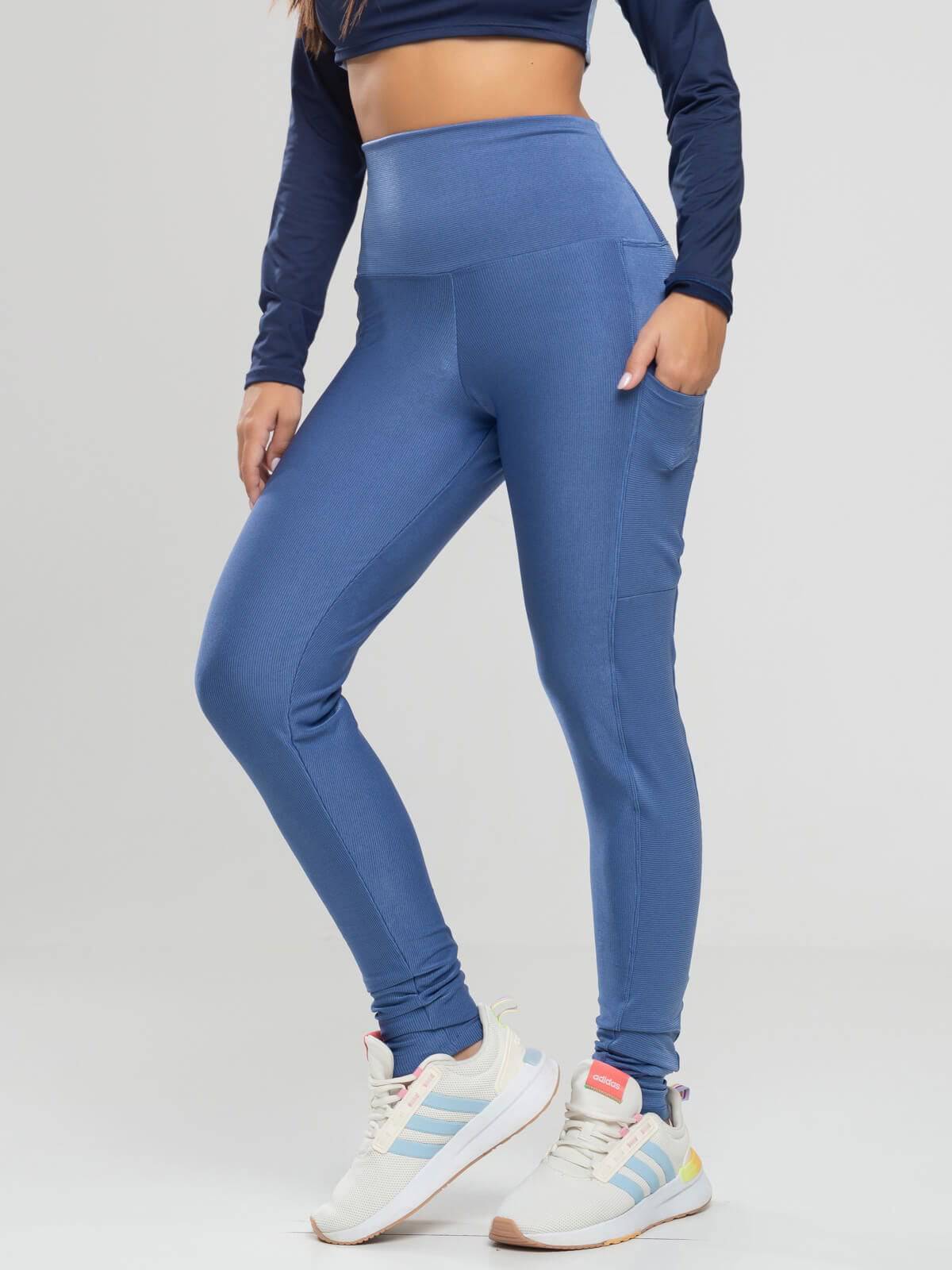 Calça Legging com Bolso Canelada Azul - Vicbela