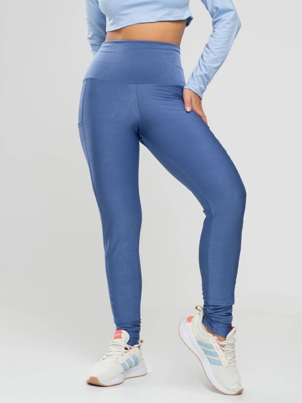 Calça Legging com Bolso Canelada Azul - Vicbela