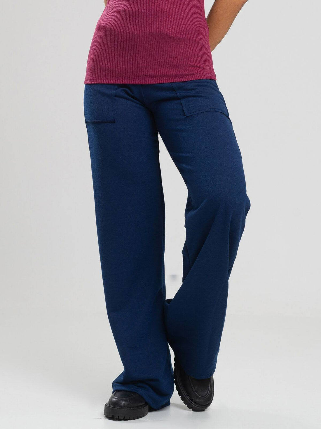 Calça Pantalona Wid Leg Moletinho Azul Marinho - Vicbela