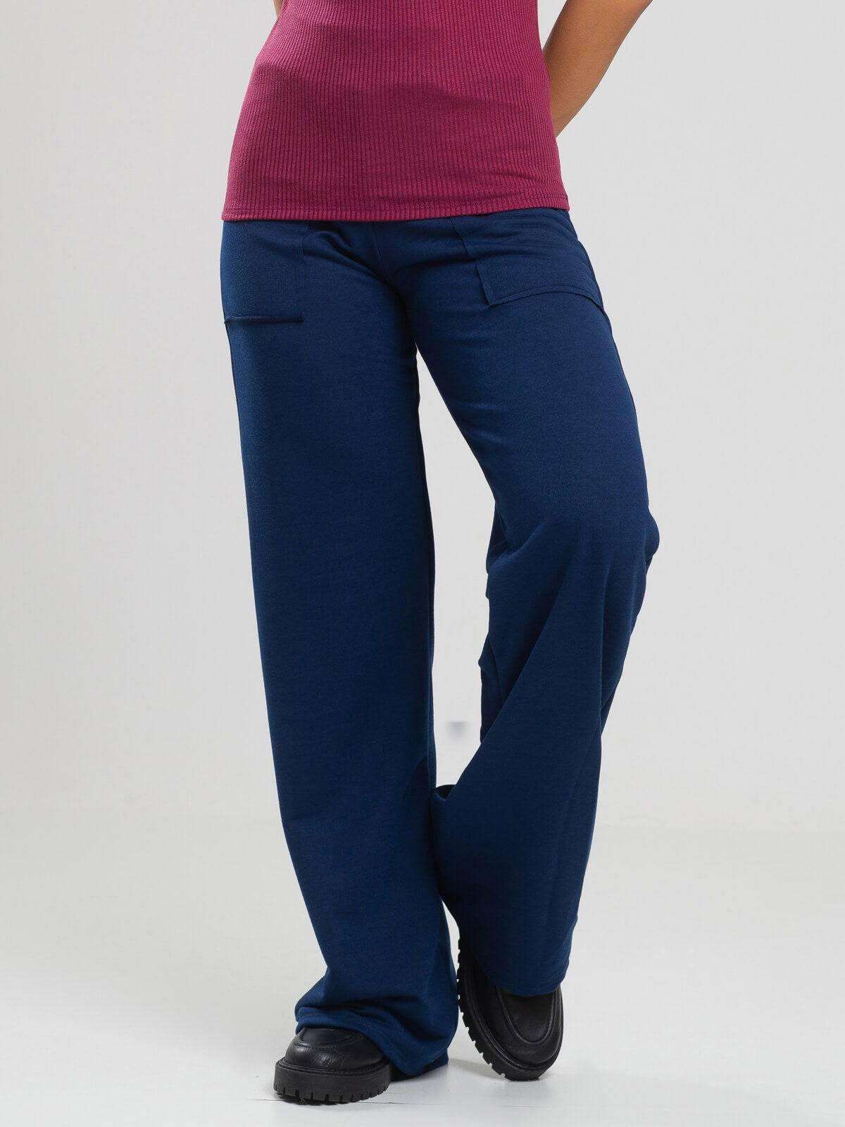 Calça Pantalona Wid Leg Moletinho Azul Marinho - Vicbela