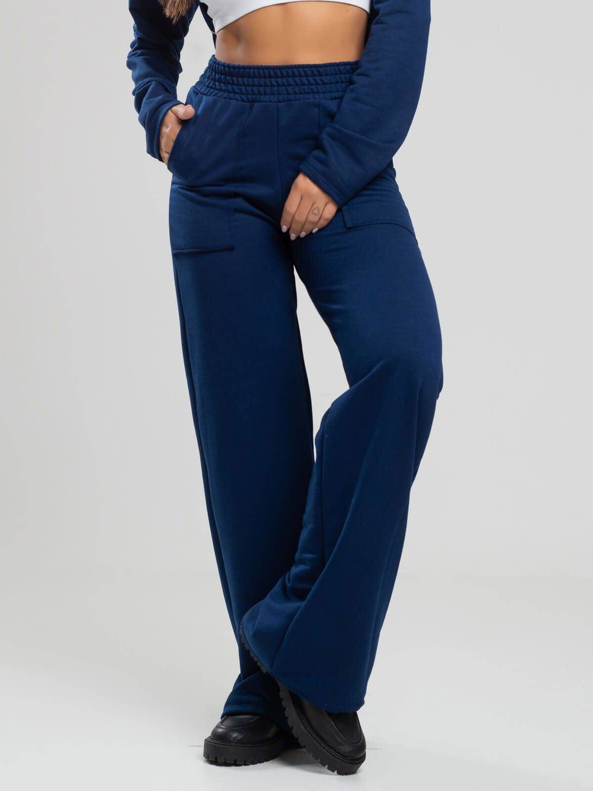 Calça Pantalona Wid Leg Moletinho Azul Marinho - Vicbela