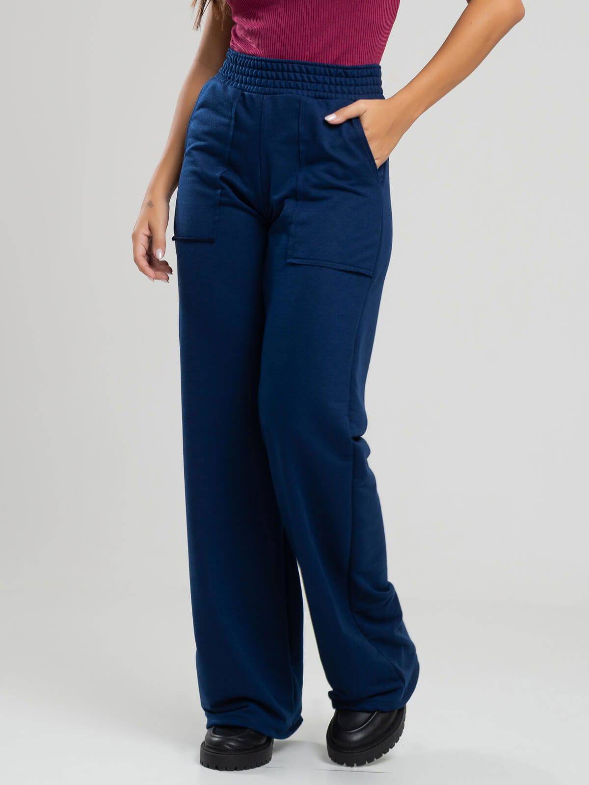 Calça Pantalona Wid Leg Moletinho Azul Marinho - Vicbela