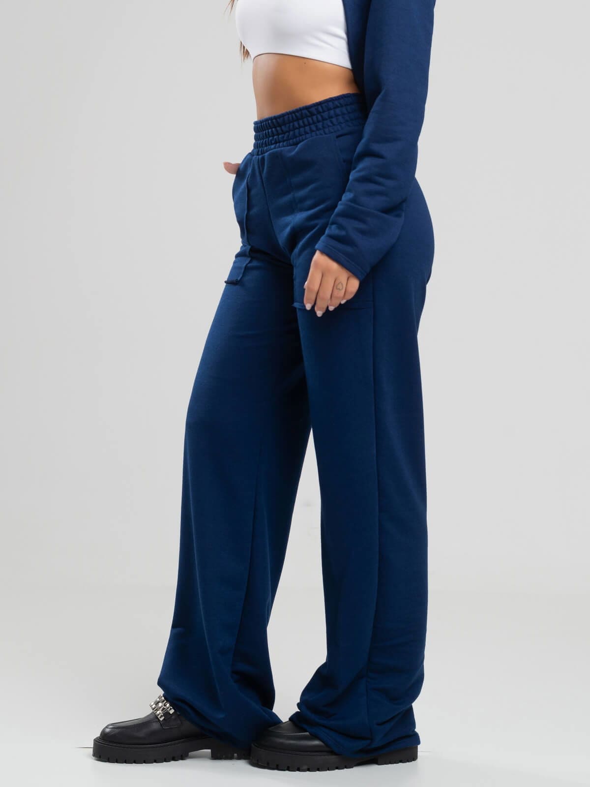 Calça Pantalona Wid Leg Moletinho Azul Marinho - Vicbela