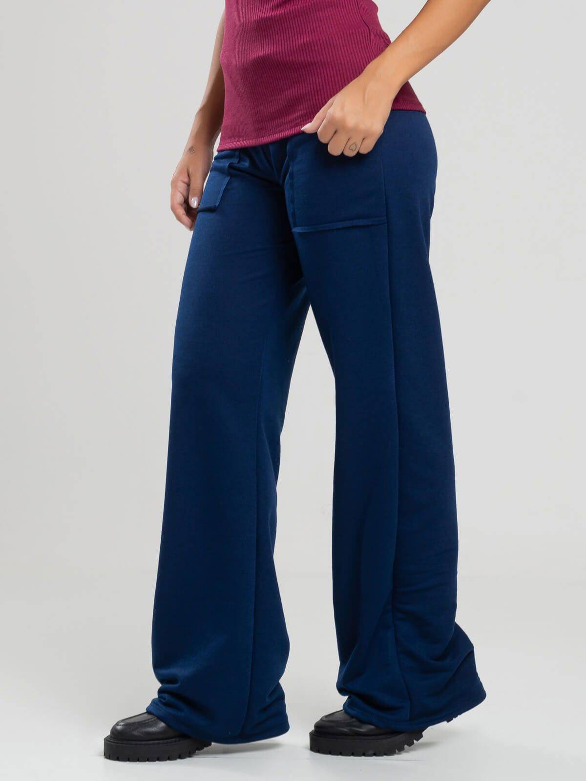 Calça Pantalona Wid Leg Moletinho Azul Marinho - Vicbela