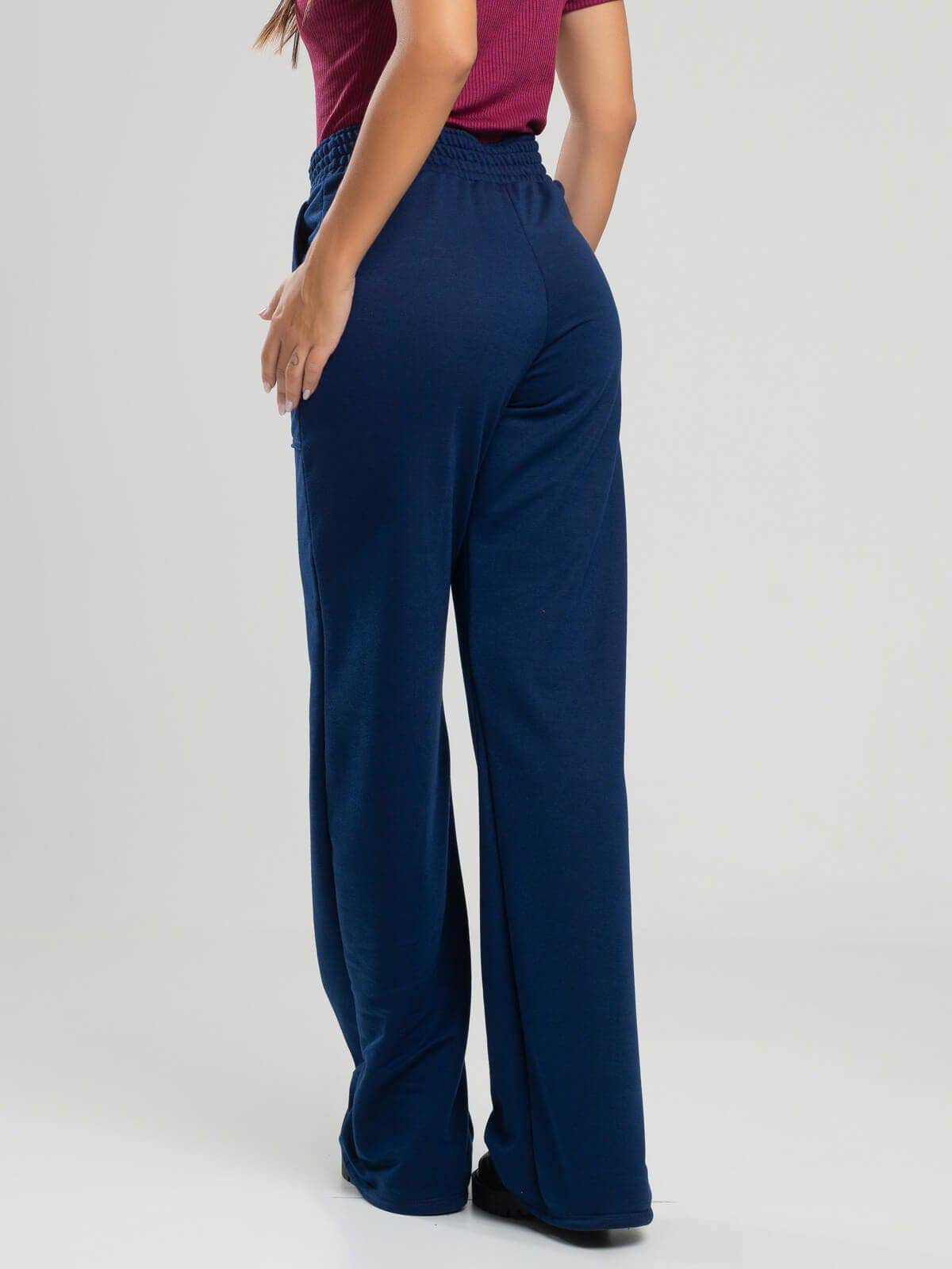 Calça Pantalona Wid Leg Moletinho Azul Marinho - Vicbela
