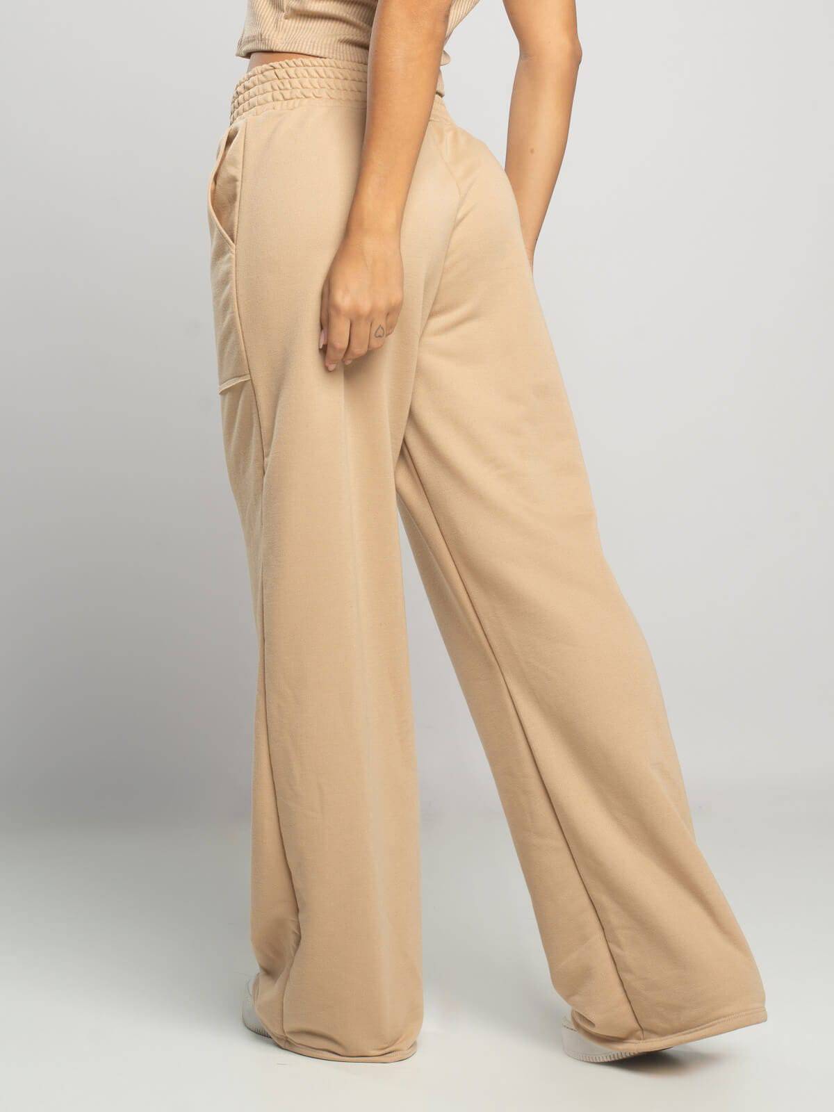 Calça Pantalona Wid Leg Moletinho Bege - Vicbela