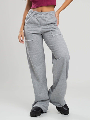 Calça Pantalona Wid Leg Moletinho Cinza - Vicbela