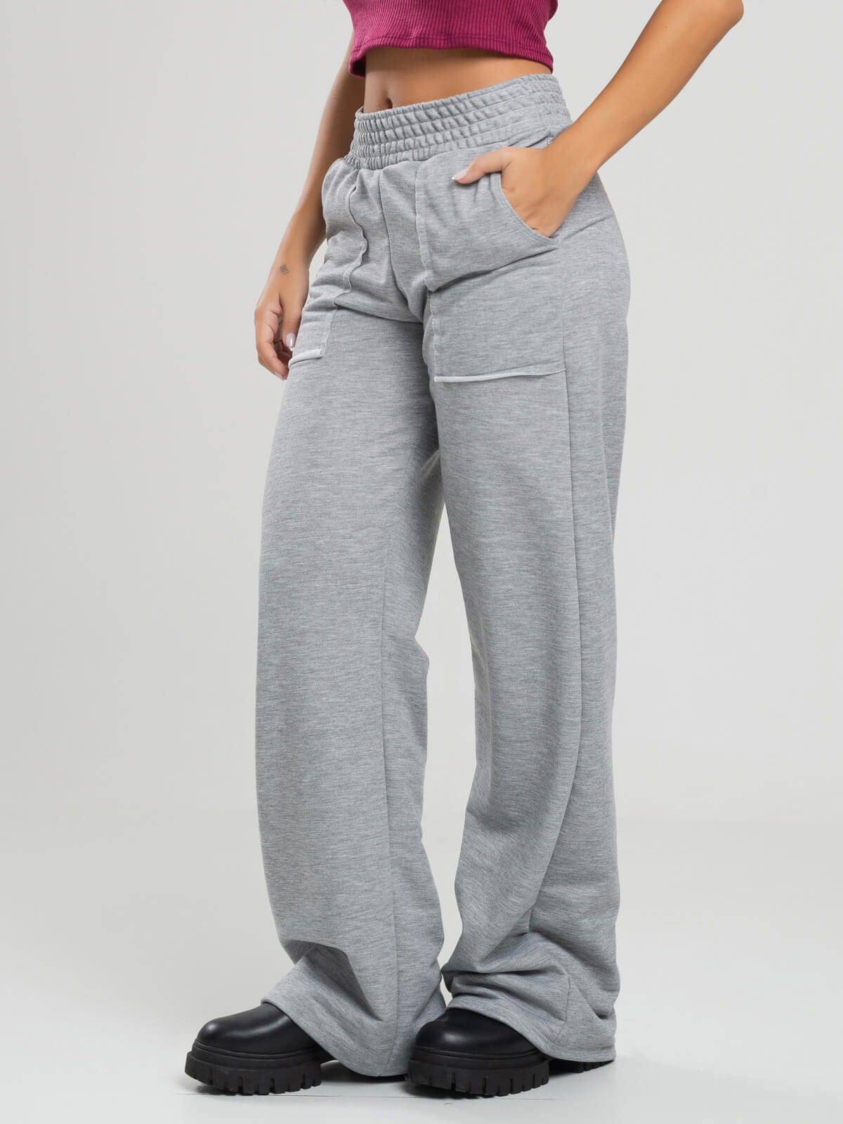 Calça Pantalona Wid Leg Moletinho Cinza - Vicbela