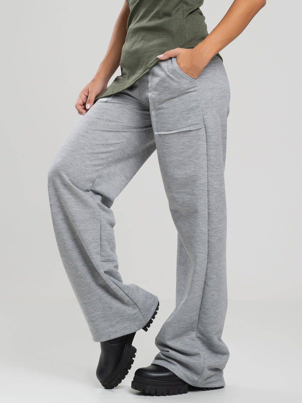Calça Pantalona Wid Leg Moletinho Cinza - Vicbela