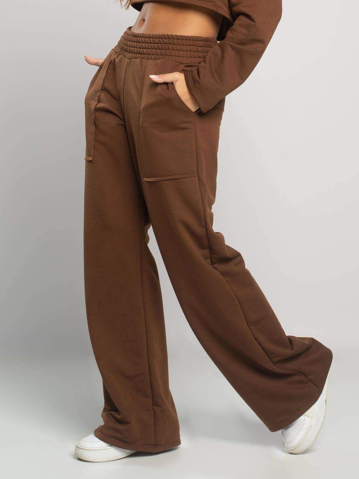 Calça Pantalona Wid Leg Moletinho Marrom - Vicbela