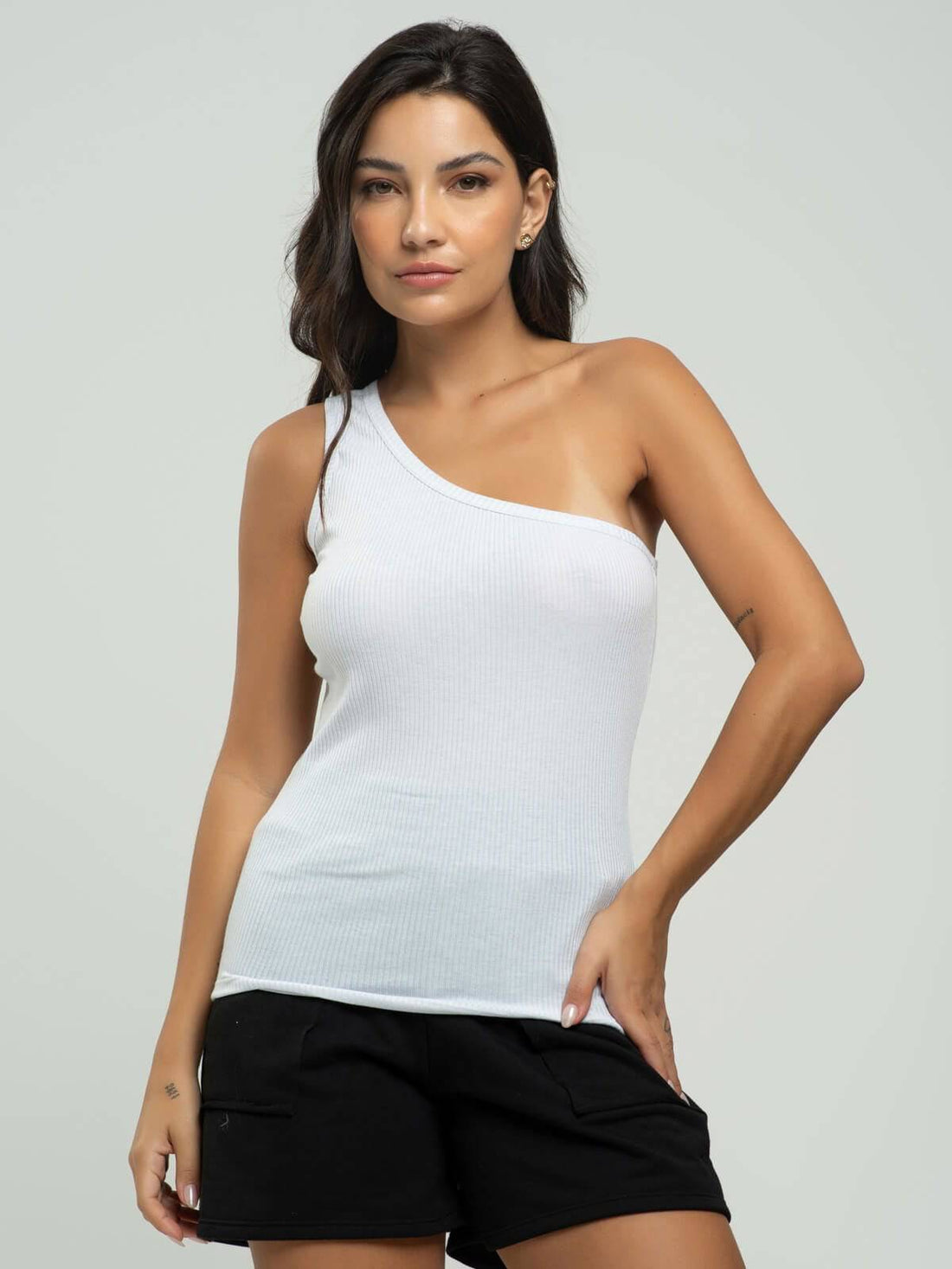 Camiseta Regata Canelado Um Ombro Só Branco - Vicbela