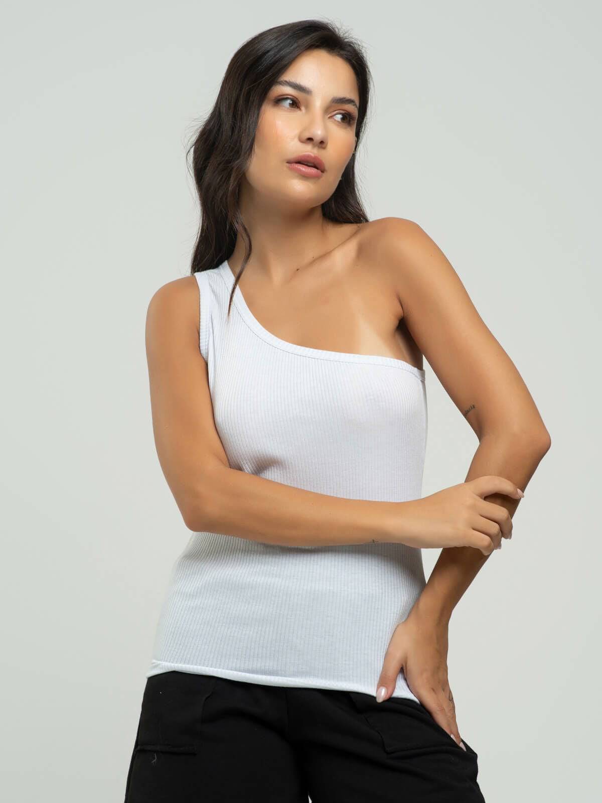 Camiseta Regata Canelado Um Ombro Só Branco - Vicbela