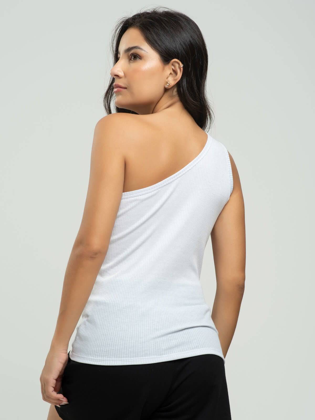 Camiseta Regata Canelado Um Ombro Só Branco - Vicbela
