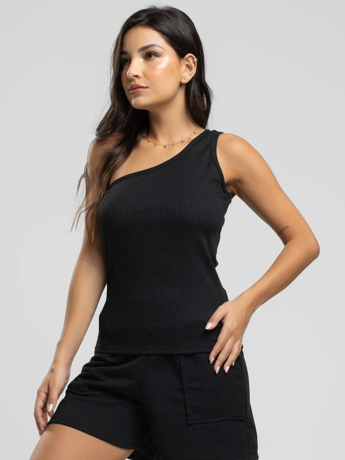 Camiseta Regata Canelado Um Ombro Só Preto - Vicbela