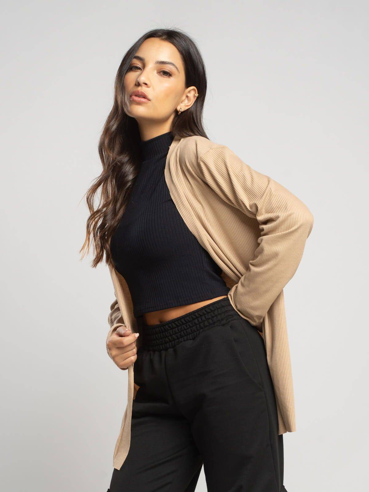 Cardigan Canelado Manga Longa Bege - Vicbela