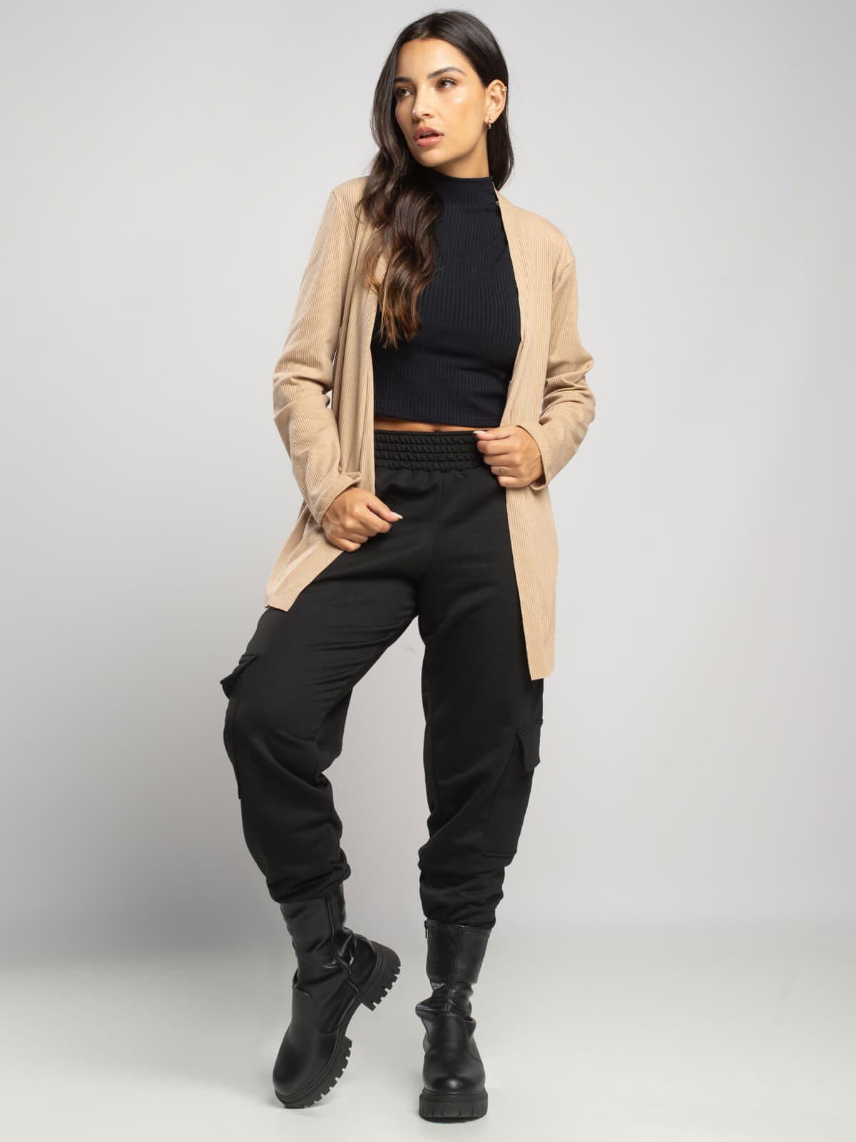 Cardigan Canelado Manga Longa Bege - Vicbela