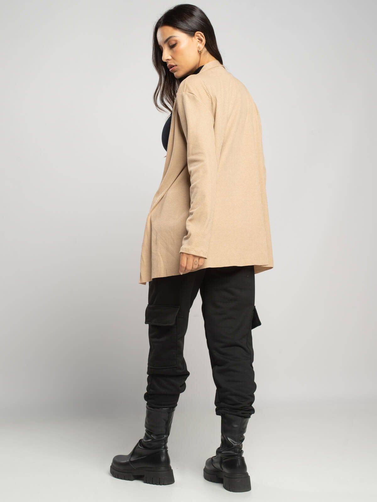 Cardigan Canelado Manga Longa Bege - Vicbela