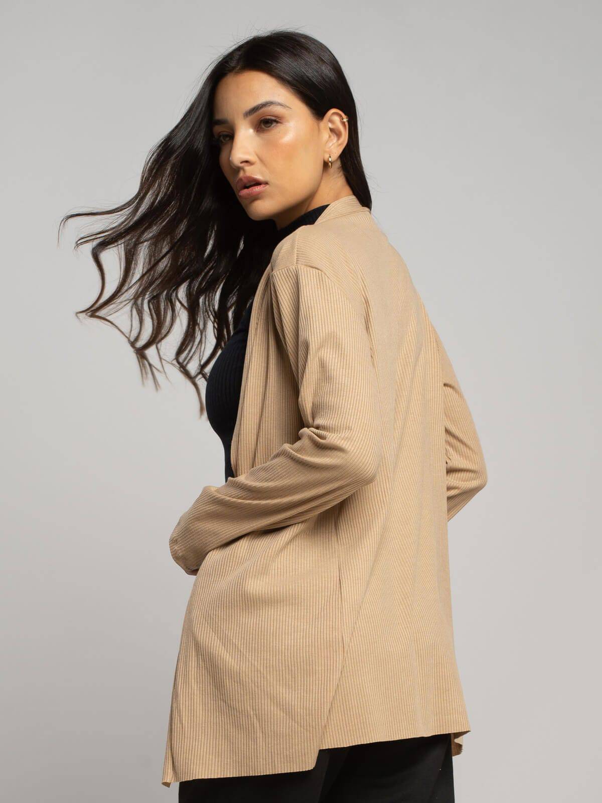 Cardigan Canelado Manga Longa Bege - Vicbela