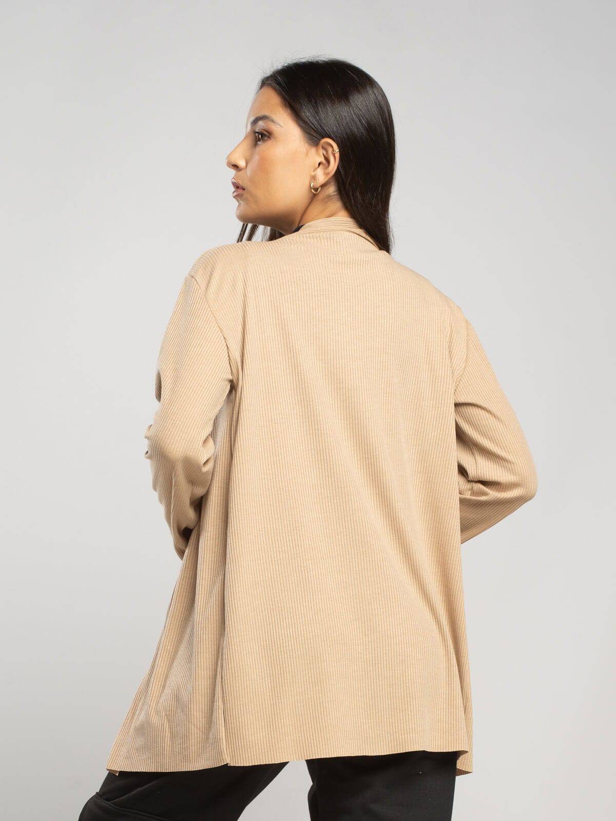 Cardigan Canelado Manga Longa Bege - Vicbela