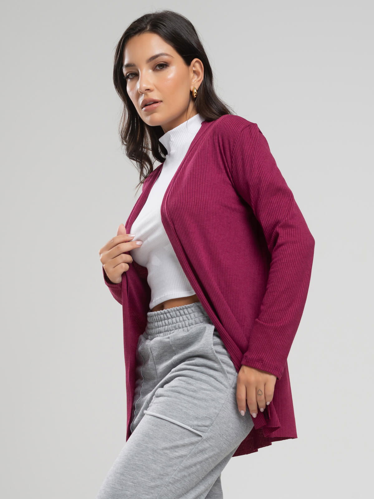 Cardigan Canelado Manga Longa Vinho - Vicbela