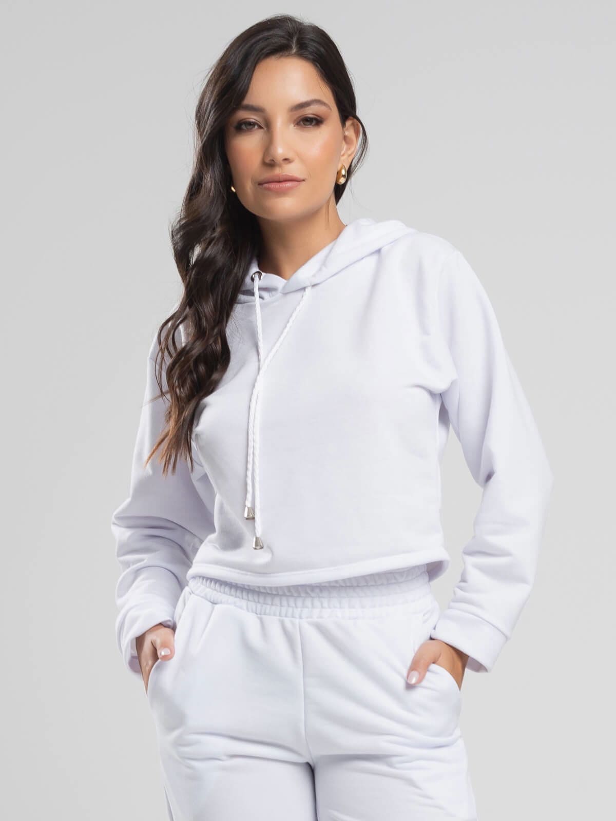 Casaco Cropped Capuz Moletinho Branco - Vicbela