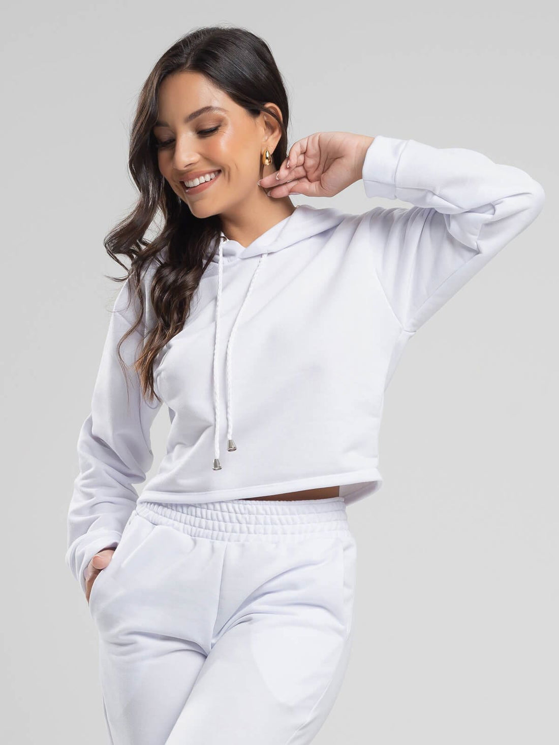 Casaco Cropped Capuz Moletinho Branco - Vicbela
